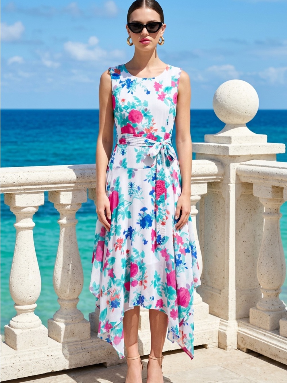 SALE Calvin Klein White Floral Asymmetrical Midi Dress with Pink & Blue Blooms
